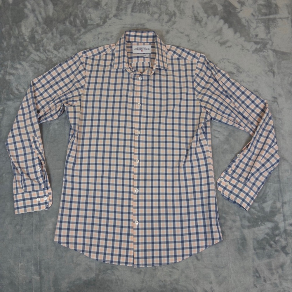 Mizzen+Main Leeward Shirt Mens Medium Blue Peach Plaid Trim Performance Dress